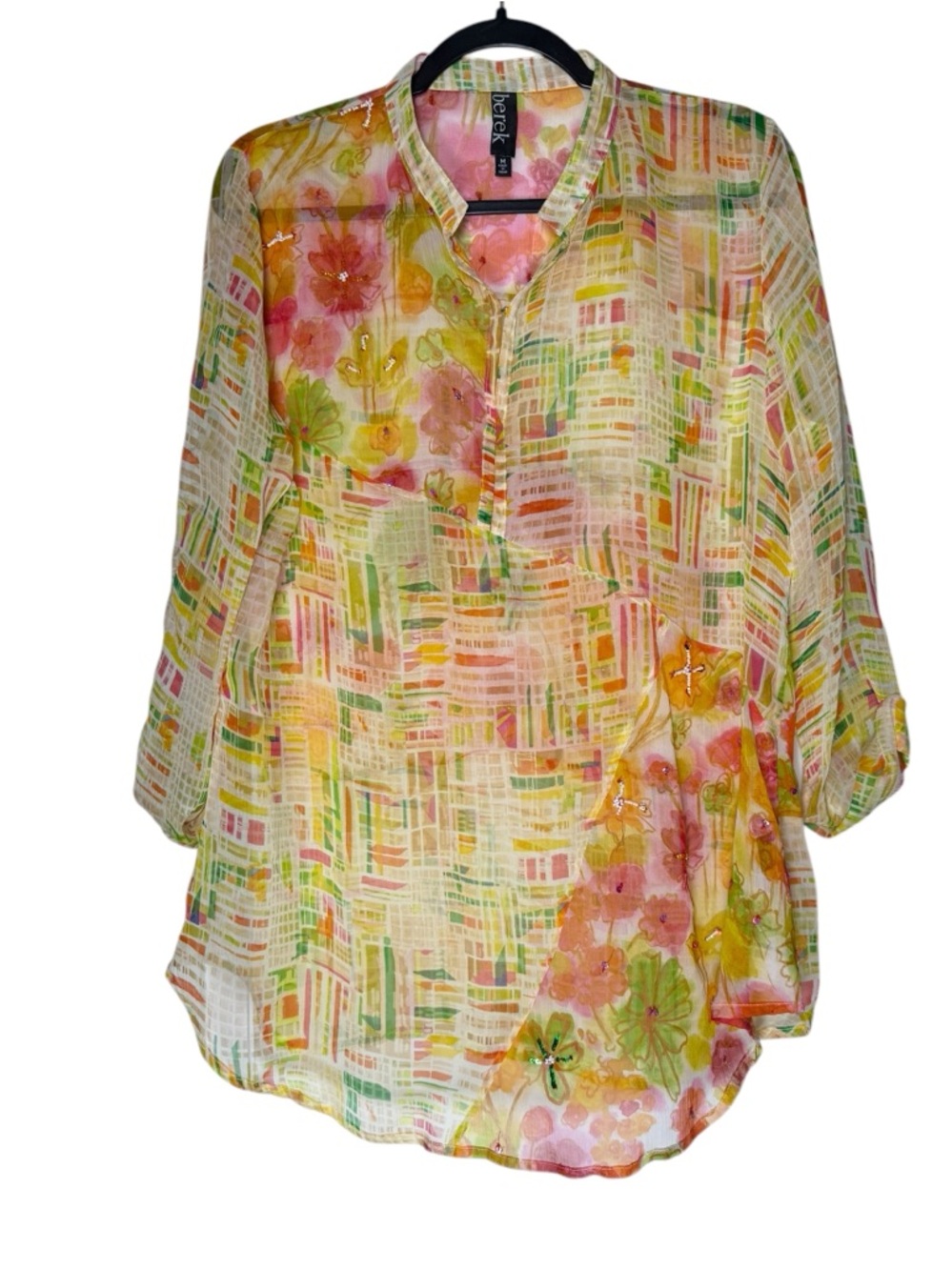 Berek 100% Silk Blouse Top Size Medium Colorful Beaded Sheer Boho Resort Summer